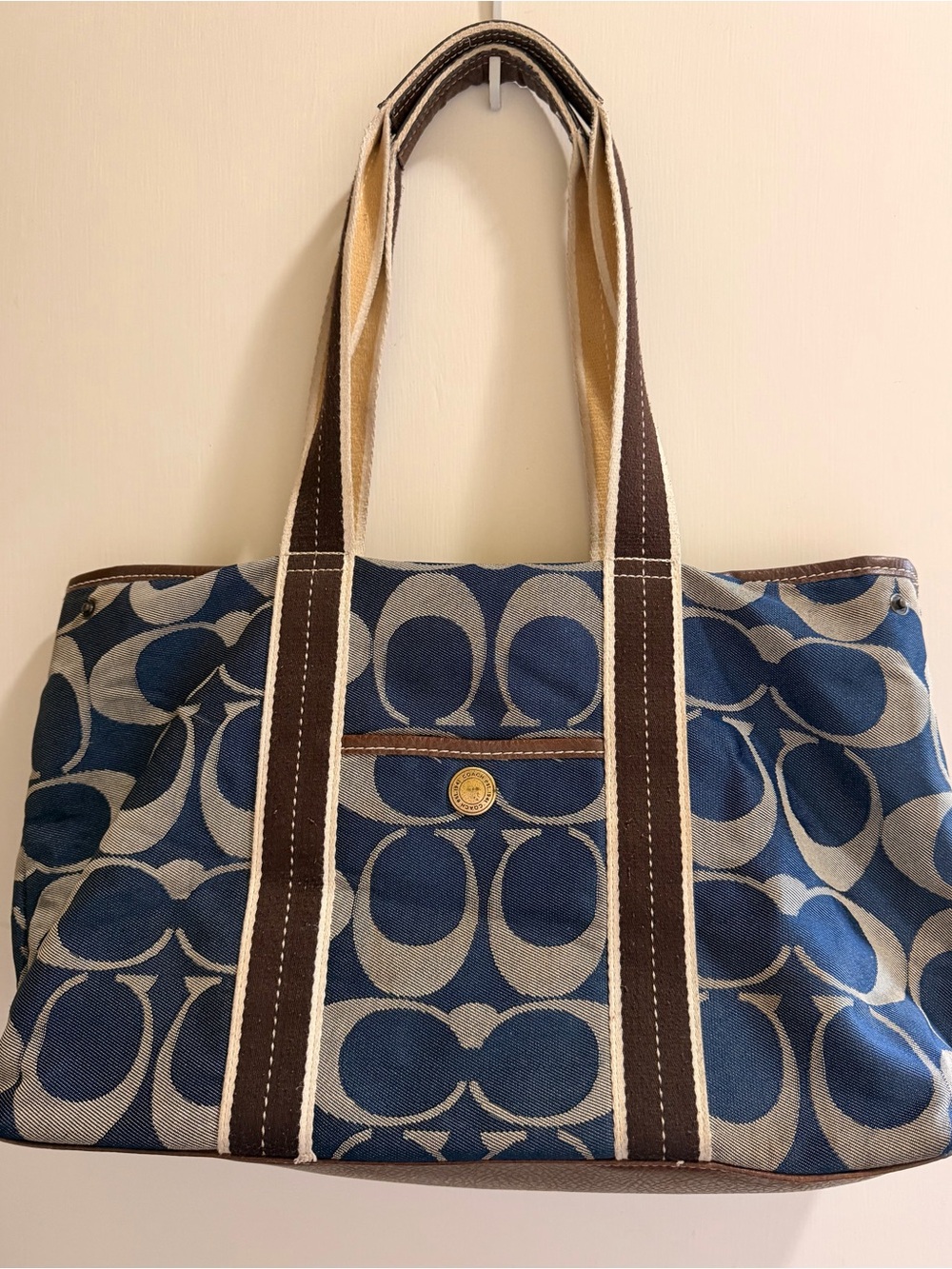 Coach Signature Blue Canvas Tote Bag with Contrast Straps